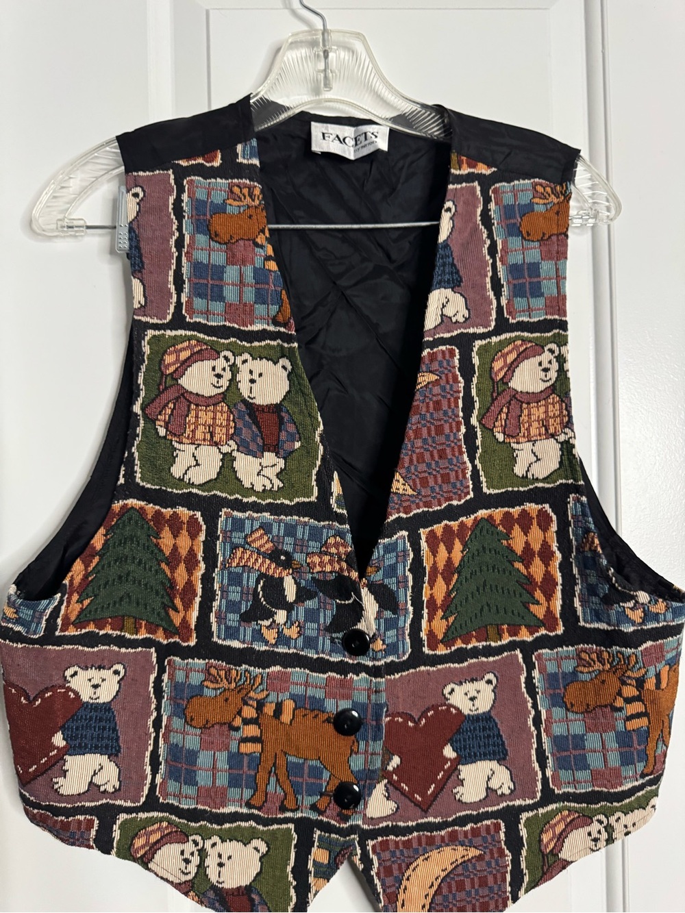 Vintage Facets by Mirrors Teddy Bear Xmas Vest 90s Tapestry Vest Size Large